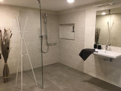 La salle de bains est pourvue d'une douche et d'un lavabo. dans l'établissement Ferienwohnung Stoablick - barrierefrei mit Bergblick, à Bad Goisern