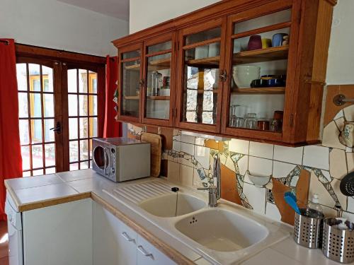 a kitchen with a sink and a microwave at Gite les Volets Verts in Cesseras