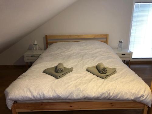 uma cama com duas almofadas em cima em Apartma na hüti em Radenci