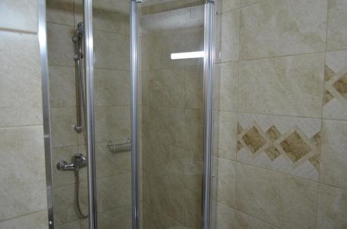 een douche met een glazen deur in de badkamer bij Hanul Izvorul Rece Sinaia in Sinaia
