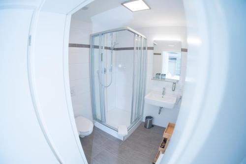ein Bad mit einer Dusche, einem WC und einem Waschbecken in der Unterkunft City Apartments FN L8 KLIMATISIERT in Friedrichshafen