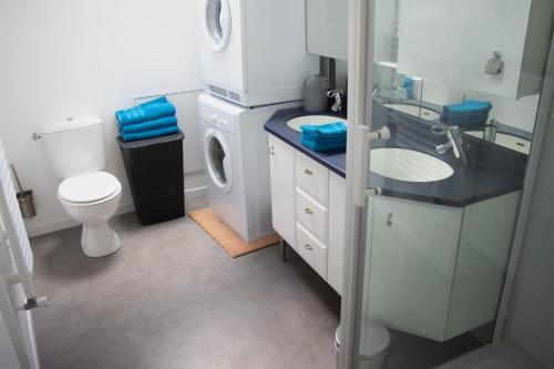 a bathroom with a sink and a washing machine at F4 duplex neuf et moderne, proche de Dunkerque in Hondschoote