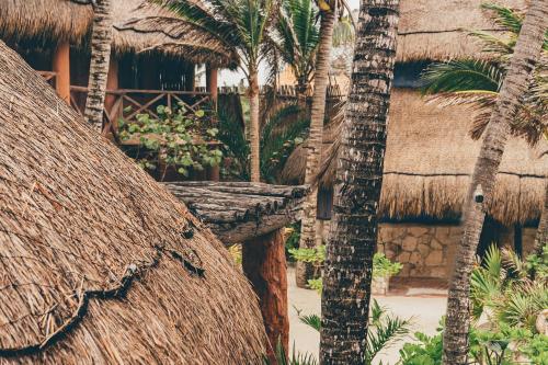 a resort with palm trees and a straw hut at La Conchita Tulum in Tulum