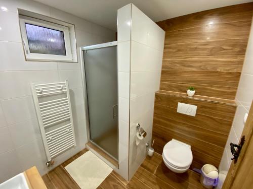 een badkamer met toilet en glazen douche bij Privát Gallik Bachledka in Ždiar