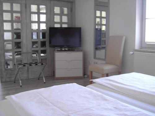 um quarto com uma cama, uma televisão e uma cadeira em Haus Maximilian em Rammelsbach