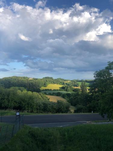 a road in the middle of a valley with a yellow field at Sonnenhof in Limbach im Burgenland