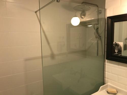 a glass shower in a bathroom with a toilet at Komfortwohnung Leipzig Zentrum-Nord in Leipzig