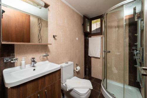 a bathroom with a sink and a toilet and a shower at Kerithra Villa in Vasiliki