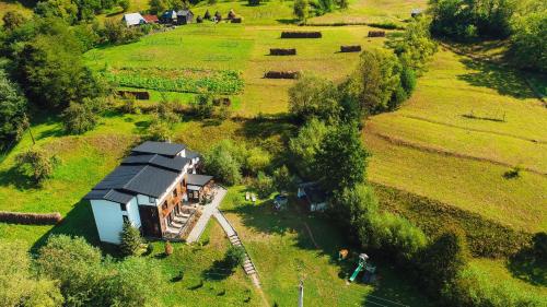 an aerial view of a house in a field at Talhaus in Vişeu de Sus