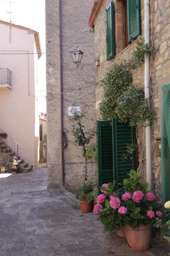 a stone building with green doors and flowers in pots at antica abitazione con vista montagna Casa Norma in Seggiano