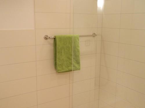 a bathroom with a green towel hanging on a wall at Haus 4 Holidays in Bramberg am Wildkogel