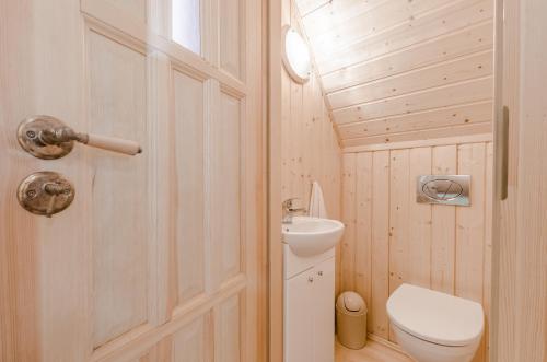 a small bathroom with a toilet and a sink at Aurum domki in Jarosławiec