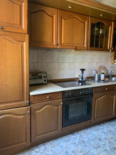 a kitchen with wooden cabinets and a stove top oven at Agro-szyszynka in Jeżów Sudecki