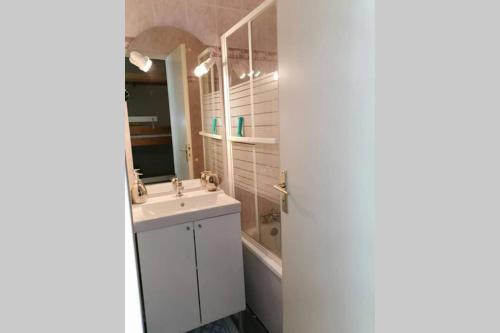 y baño con lavabo, bañera y espejo. en Studio mansardé 18 m2 climatisé avec piscine privée en Gresse-en-Vercors