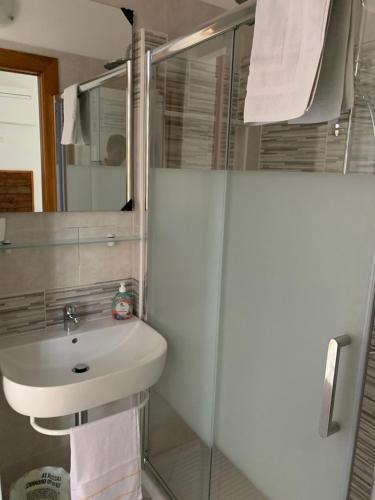 ein weißes Bad mit einem Waschbecken und einer Dusche in der Unterkunft B&B Gli Archi in Pisa