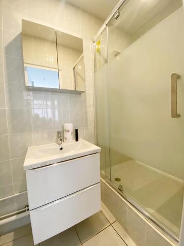une salle de bain blanche avec un lavabo et une douche dans l'établissement 023 CHIC & COSY F1 23m2 HYPERCENTRE WIFI SMART TV NETFLIX, à Saint-Étienne