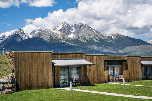 a wooden house with mountains in the background at Natur Resort in Veľká Lomnica