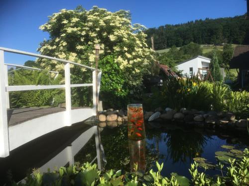 a garden with a bridge over a pond at Hotel Hoxter Am Jakobsweg in Höxter