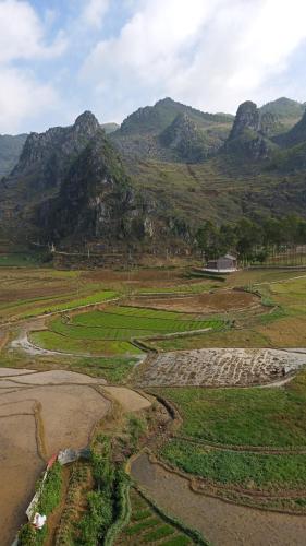 an aerial view of a field with mountains in the background at Hotel Cao Nguyên in Dồng Văn