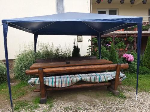 a blue canopy over a bench in a yard at Casa Cosmina Arieseni in Arieşeni