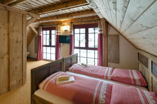 ein Schlafzimmer mit einem Bett und zwei Fenstern in der Unterkunft Chalupa Andrea in Abertamy