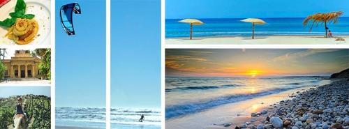 four different pictures of the same beach with umbrellas at Villa Giadel in Menfi