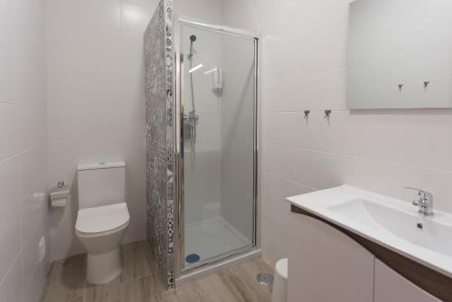 a bathroom with a shower and a toilet and a sink at Casa da Falfeira B&B in Lagos