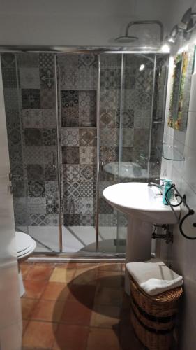 a bathroom with a shower with a sink and a toilet at Alba Chiara Holiday Home in Matera