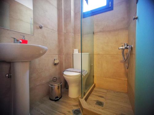 a bathroom with a shower and a toilet and a sink at Sarti Holidays in Sarti