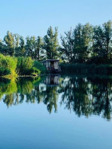 a house sitting on the side of a lake at Ausflugsrestaurant & Pension Aalbude & Hausfloßvermietung 15 PS am Kummerower See-Verchen in Dargun