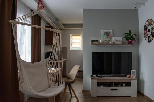 a living room with a swing and a television at Apartments Due Mondi in Vrnjačka Banja
