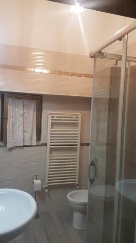 a bathroom with a toilet and a sink and a shower at La casa del corso in Rodi Garganico