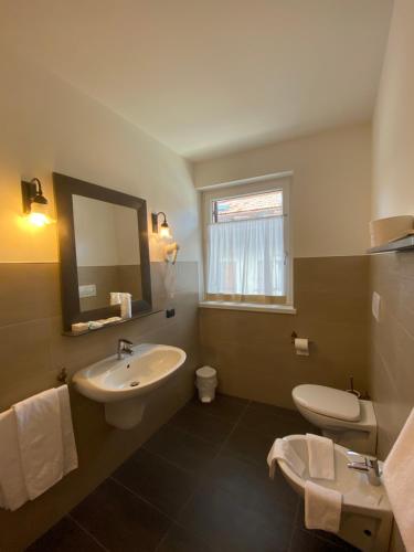 a bathroom with a sink and a toilet and a mirror at Folgaria Post Hotel in Folgaria