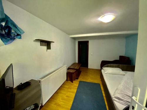 Kleines Zimmer mit einem Bett und einem TV in der Unterkunft Pensiunea Andra in Albac