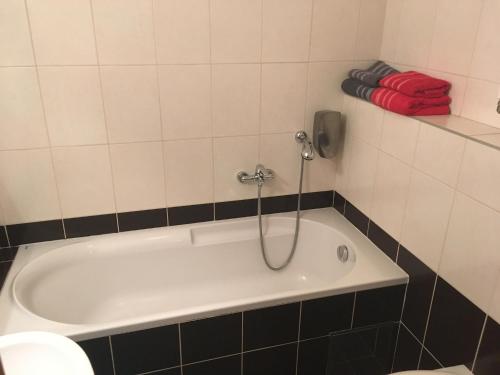 a bath tub with a shower in a bathroom at Apartman Harrachov in Harrachov