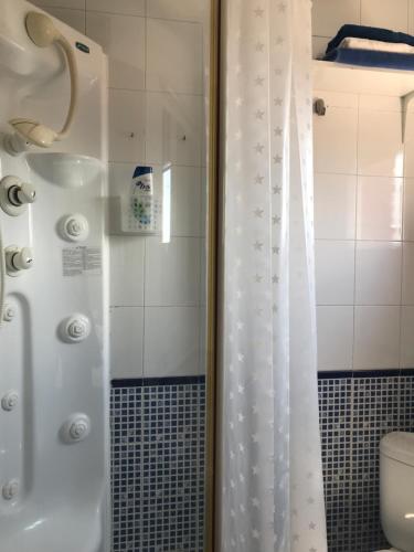 a shower with a shower curtain in a bathroom at Atiko 15 in Gijón