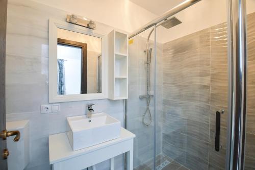 a white bathroom with a sink and a shower at Casa Alexandru – Locul în care te simți acasă in Vişeu de Jos