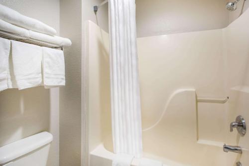 a bathroom with a shower and a toilet and towels at Days Inn by Wyndham Phoenix North in Phoenix