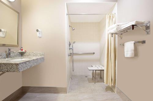a bathroom with a shower and a sink at Super 8 by Wyndham Chico in Chico