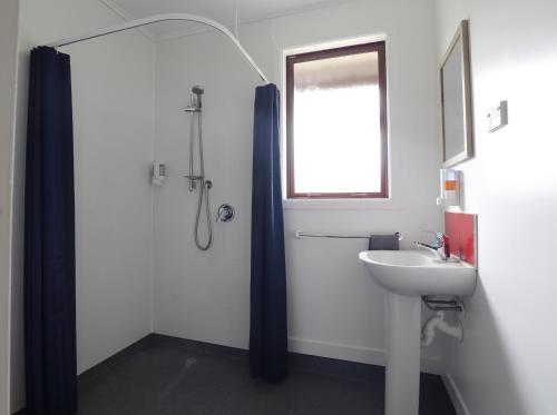 un bagno con lavandino e doccia di Mokonui Cottage - Te Anau Holiday Home a Te Anau