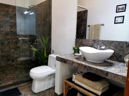 a bathroom with a sink and a toilet and a shower at Satta Beach Deluxe in Varkala