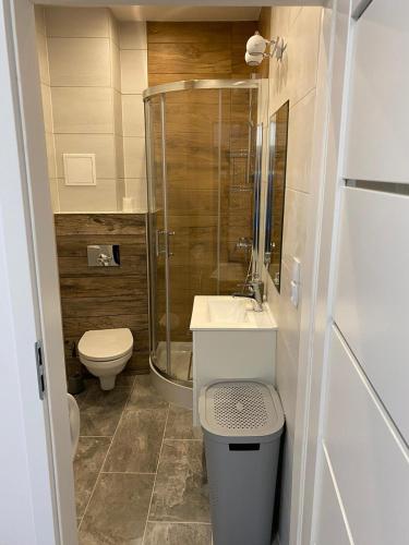 a bathroom with a toilet and a sink and a shower at Miasto Gdynia in Gdynia