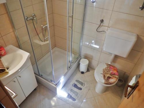 uma casa de banho com um chuveiro, um WC e um lavatório. em Apartments Lilly by the sea em Barić Draga
