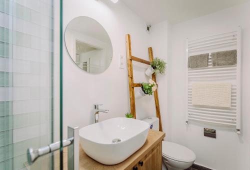 a bathroom with a sink and a toilet and a mirror at Nádas Center Home Badacsony in Badacsonytomaj