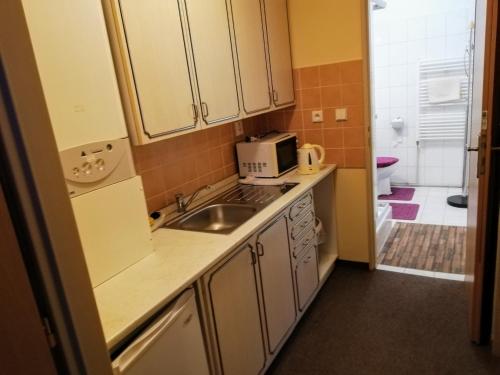 a small kitchen with a sink and a microwave at Restaurant-Penzión HEVIL in Hlučín