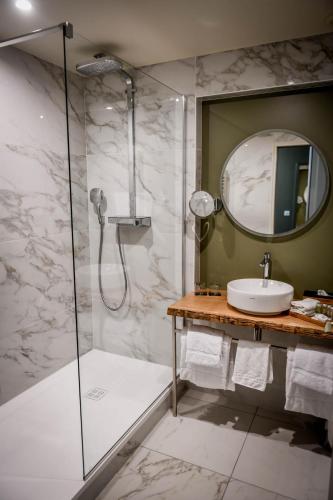 a bathroom with a shower and a sink and a mirror at Chateau du Clos de la Ribaudiere - Teritoria in Chasseneuil-du-Poitou
