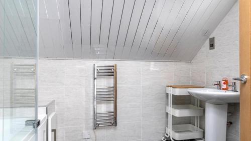 uma casa de banho com um lavatório e um chuveiro em Station Loft em Deganwy