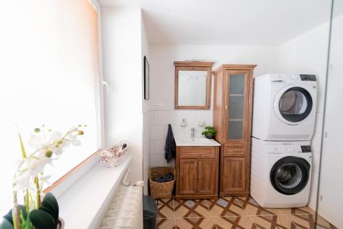 a laundry room with a washing machine and a sink at Flora Apartment Kosice Center in Košice