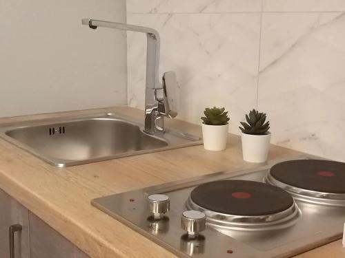 a kitchen counter with two pans and a sink at Amazing Apartments @ Monastiraki Subway Station in Athens