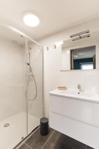 a white bathroom with a shower and a sink at La Cabane d'Hujulo in Malmedy